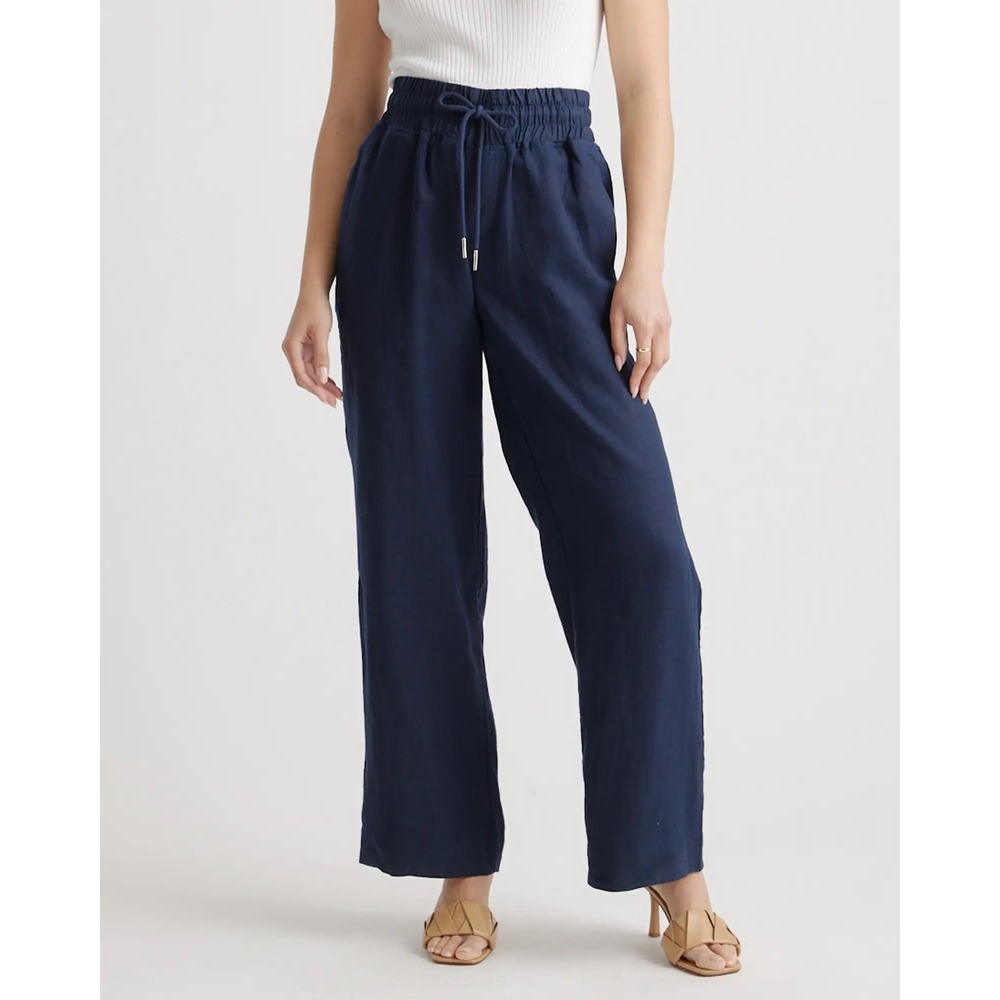 Quince 100% European Linen Wide Leg Pants Deep Navy Drawstring JDAVN01 Large